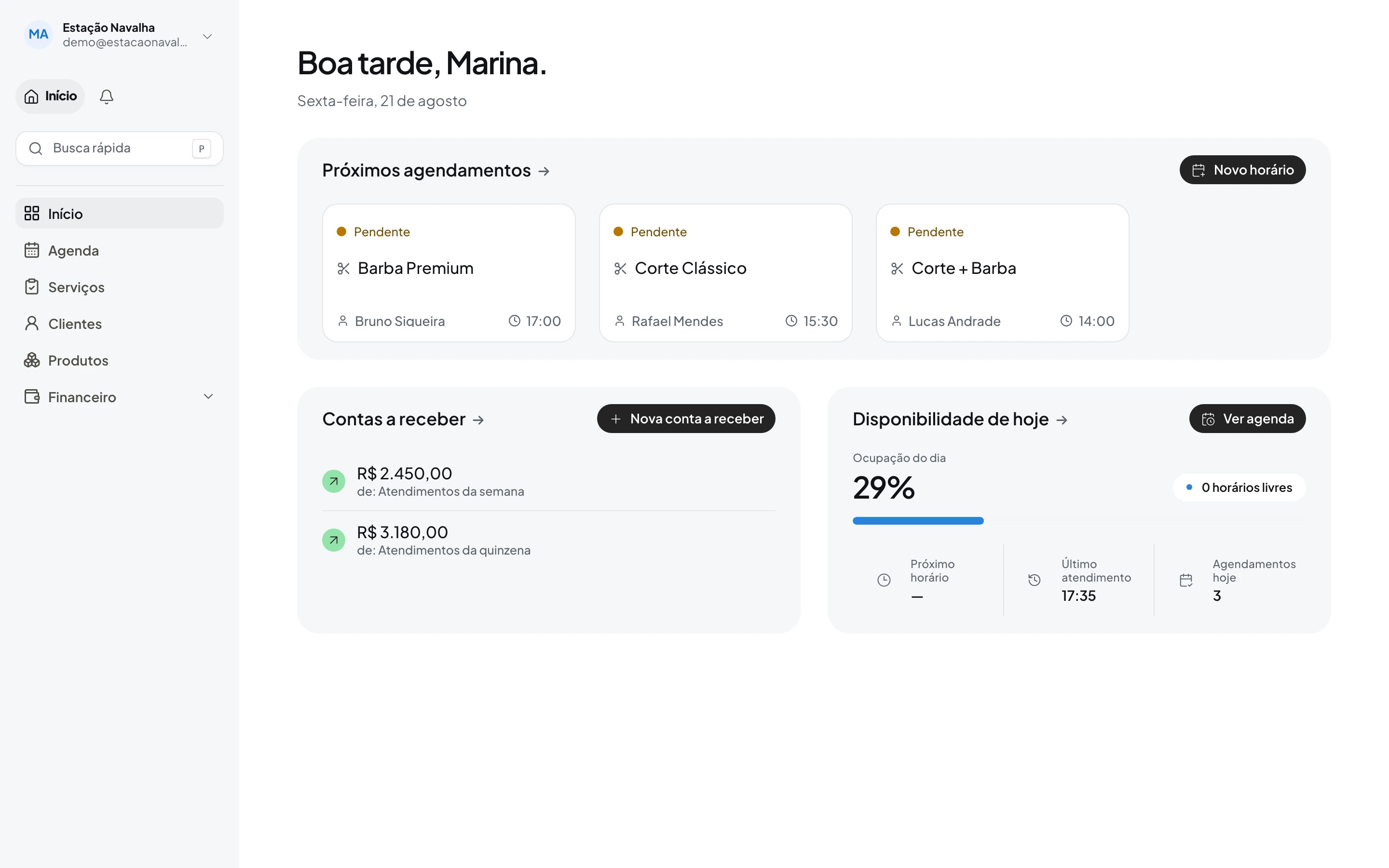 Tela de início do Ordora em uma barbearia, com os atendimentos de hoje e as contas a receber